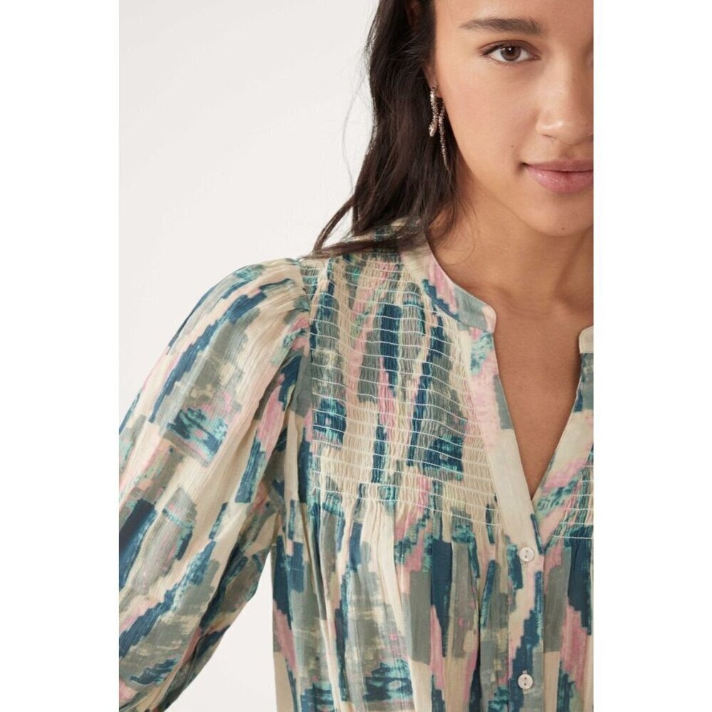 ba&sh Colorful Batik Retro Puff Sleeve V-Neck Blouse Top Feminine size Medium - Picture 3 of 13